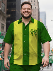 Men's Generous Fit Minimalist Green Pattern Short Sleeve Shirt and Shorts