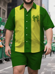 Men's Generous Fit Minimalist Green Pattern Short Sleeve Shirt and Shorts