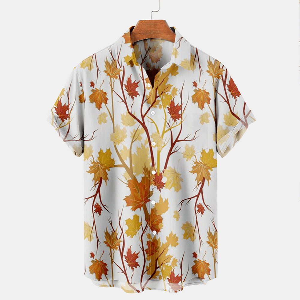 Men's Thanksgiving Maple Leaf Print Casual Short Sleeve Plus Size Shirt