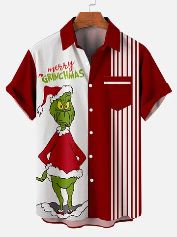 Men's Christmas Cartoon stripes illustration printed  Plus Size Short Sleeve Shirt