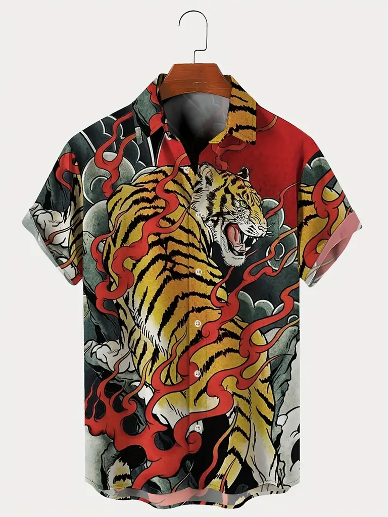 Tiger Graphic Prints Turndown Red  Printed  Casual Men's Plus Size Short Sleeve Shirt