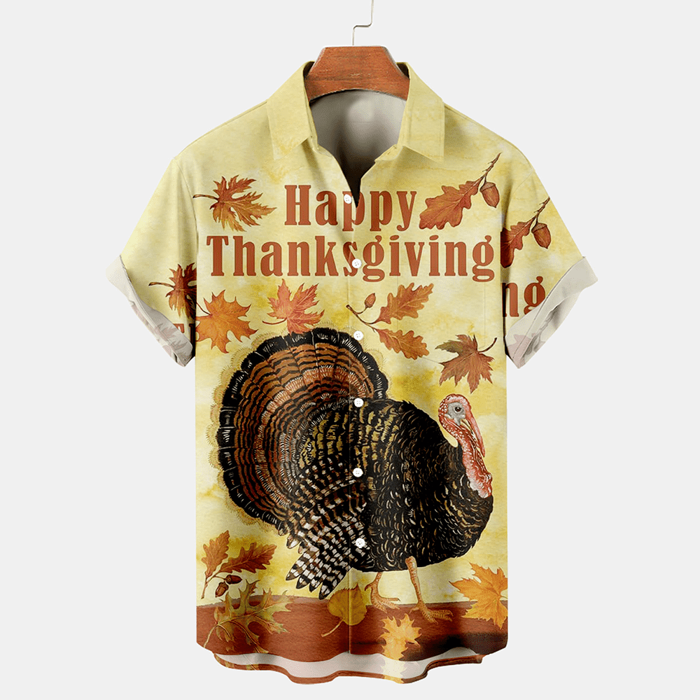 Men's Thanksgiving Turkey Printed Casual Short Sleeve Plus Size Shirt