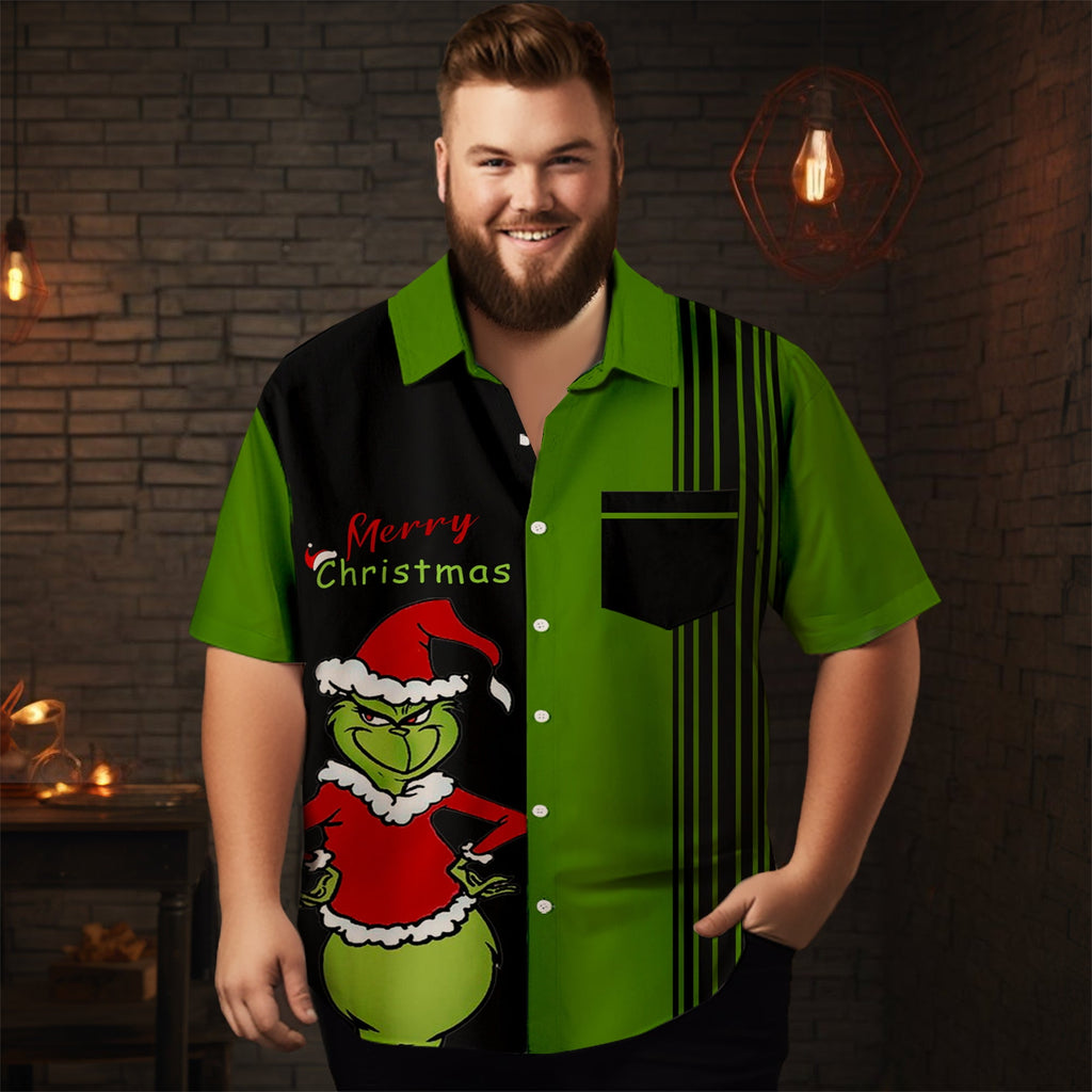 Men's Christmas Cartoon stripes illustration printed  Plus Size Short Sleeve Shirt