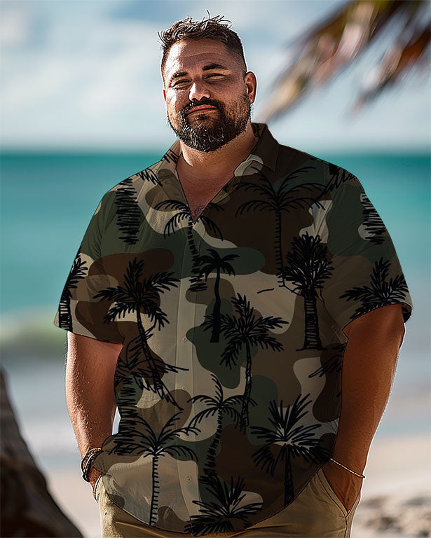 Hawaiian Coconut Tree Camouflage Printed Men's Plus Size Short Sleeve Shirt