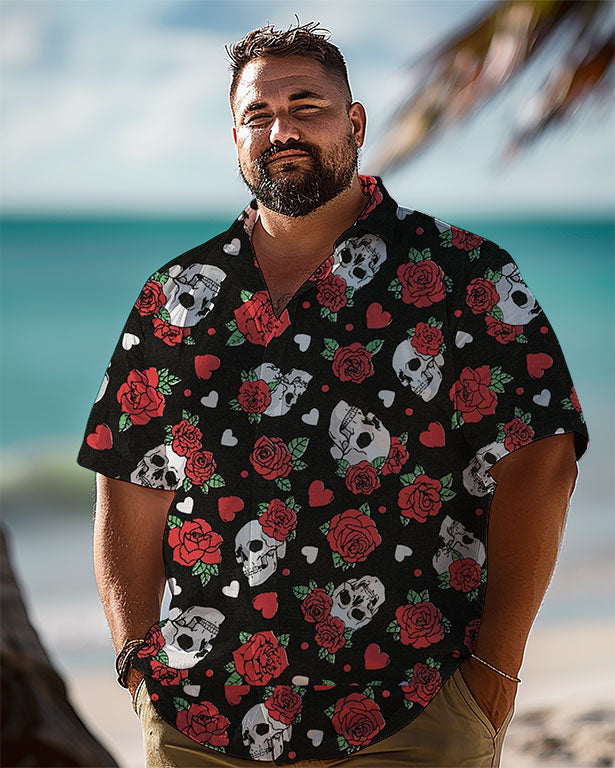 Hawaiian Skull and Red Rose Heart Men Plus Size Short Sleeve Shirt