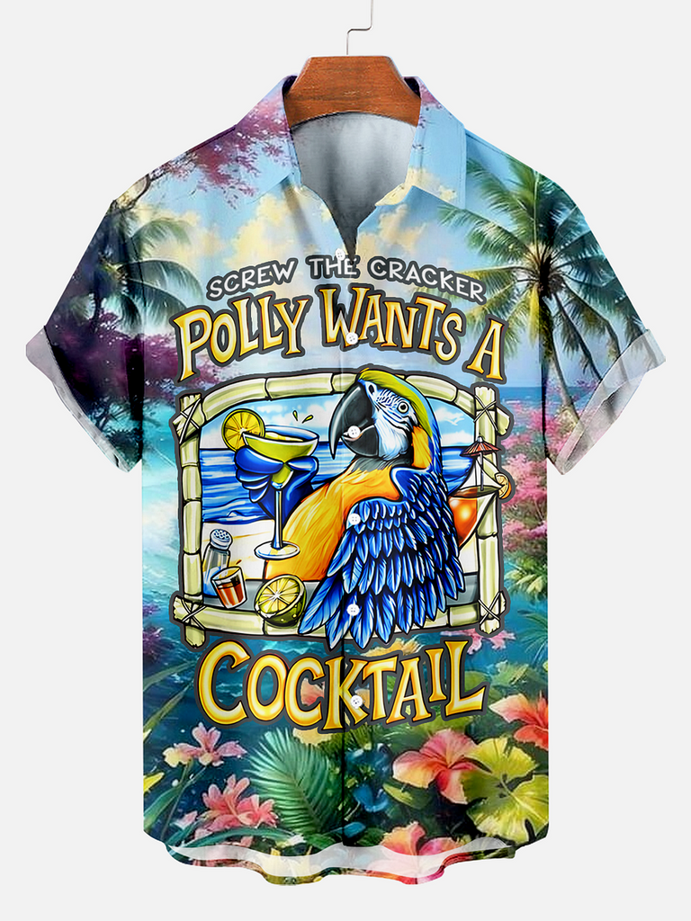 Comfortable Hawaiian Parrot Letter Printed Men's Plus Size  Short Sleeve Shirt