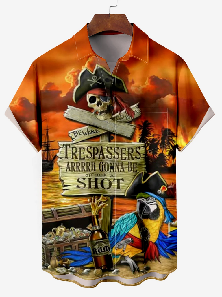 Comfortable Hawaiian Pirate Parrot Printed Men's Plus Size  Short Sleeve Shirt