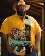 Comfortable Retro Cartoon Angry Ricing Printed Men's Plus Size  Short Sleeve Shirt