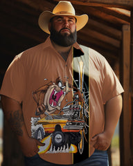 Comfortable Retro Cartoon Muscle Ricing Printed Men's Plus Size  Short Sleeve Shirt