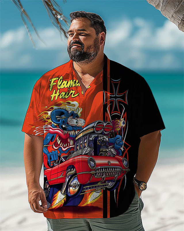 Retro Cartoon Racing Car Men Plus Size Short Sleeve Shirt