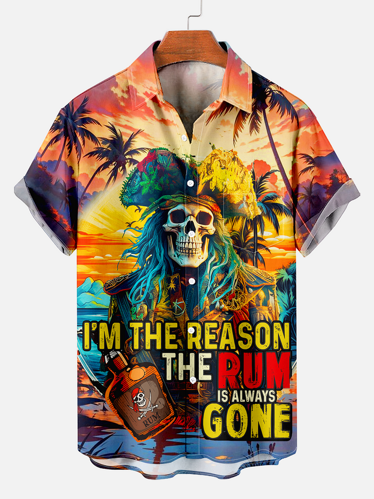 Comfortable Hawaiian Pirate Skull Printed Men's Plus Size  Short Sleeve Shirt