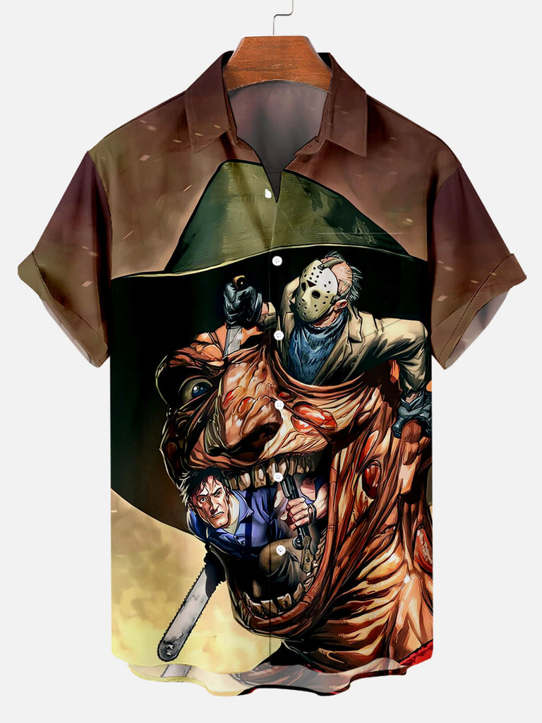 Halloween Horror Movie Character Monster Print Men's Short Sleeve Shirt