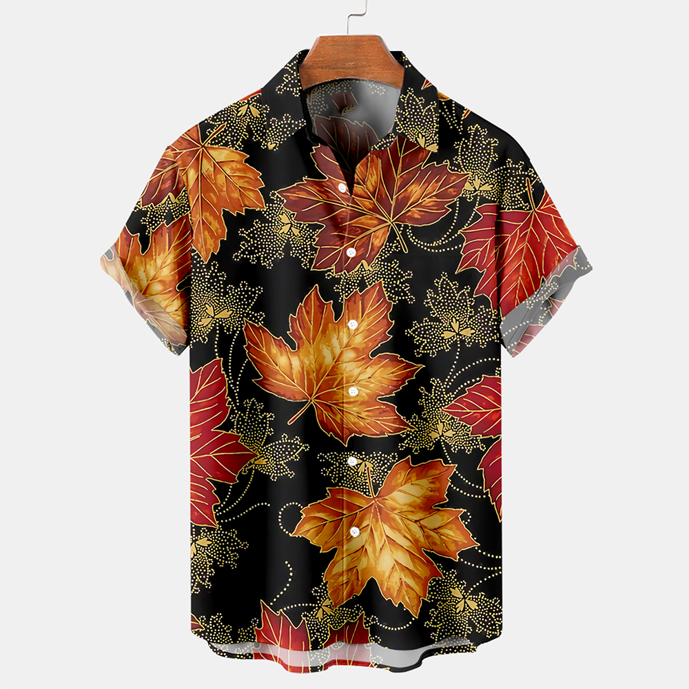 Men's Thanksgiving Maple Leaf Print Casual Short Sleeve Plus Size Shirt