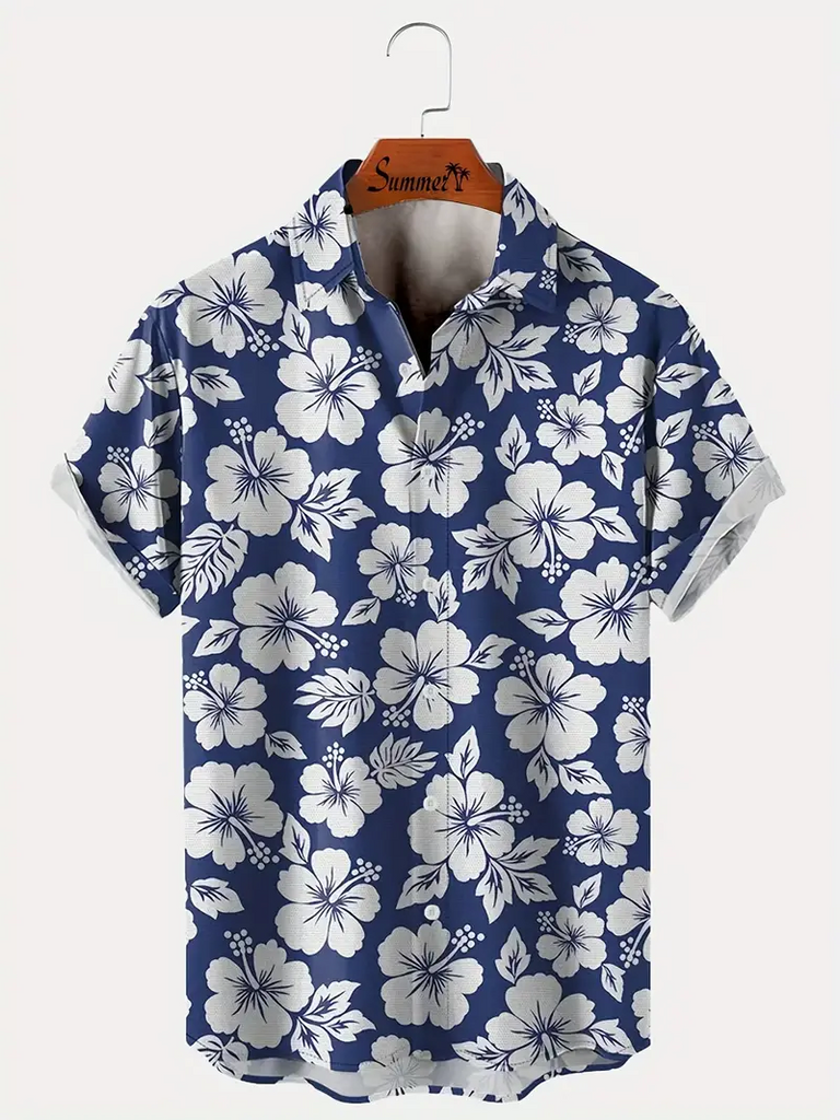 Floral Printed  Casual Men's Plus Size Short Sleeve Shirt