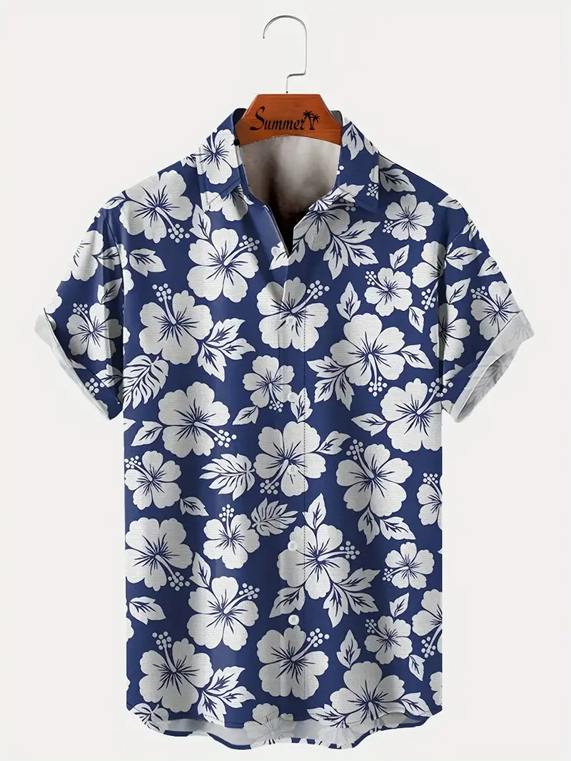 Floral Printed  Casual Men's Plus Size Short Sleeve Shirt