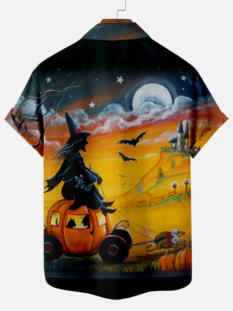 Halloween Witch Pumpkin Ride To The Castle Print Men's Short Sleeve Shirt