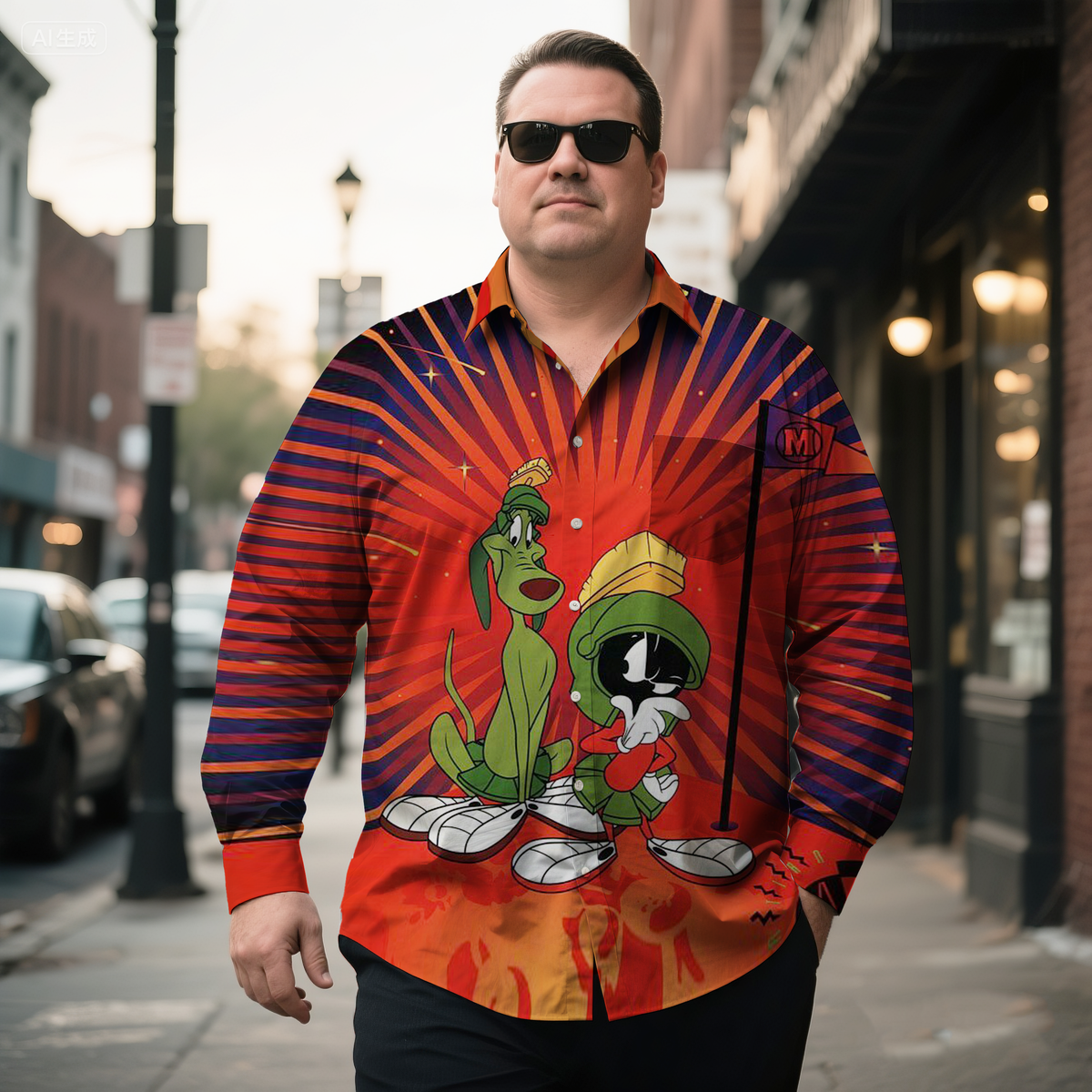 Men's Classic Nostalgic Anime Dog Costume Printing Long Sleeve Shirt