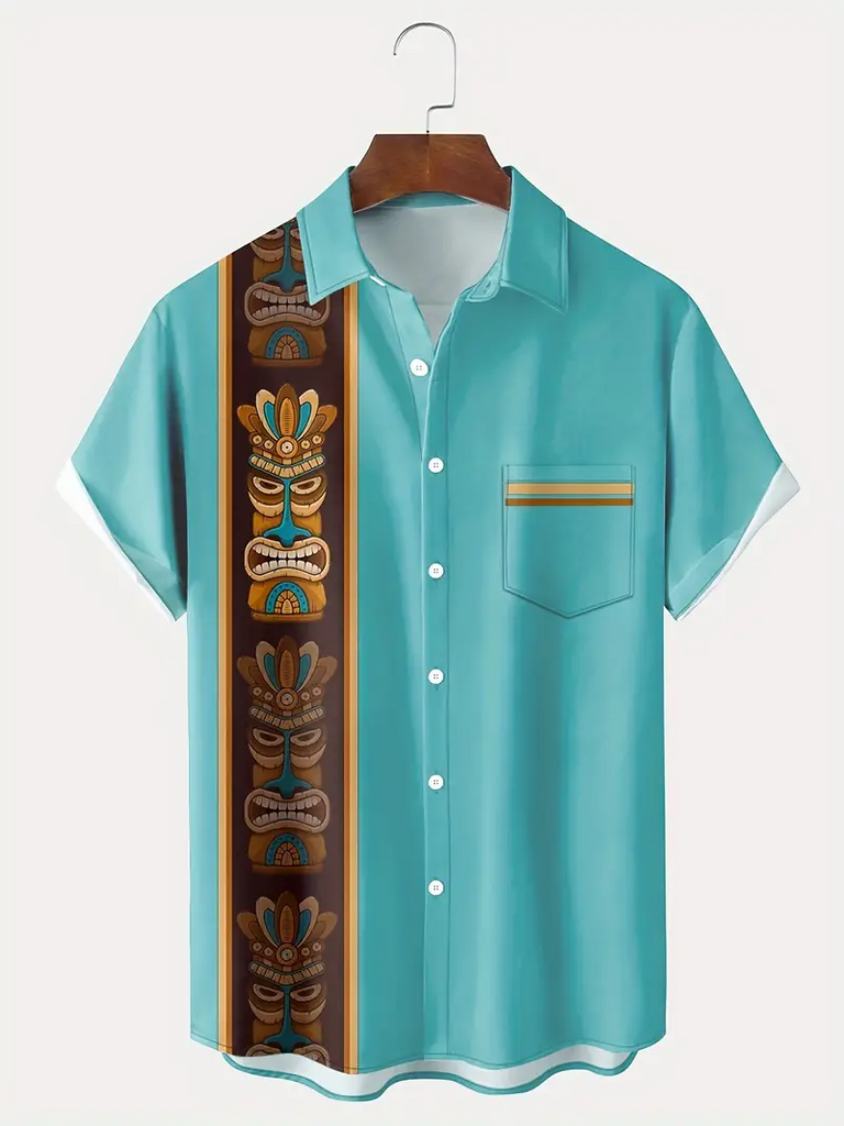 Retro Tiki Bowling Printed  Casual Men's Plus Size Short Sleeve Shirt