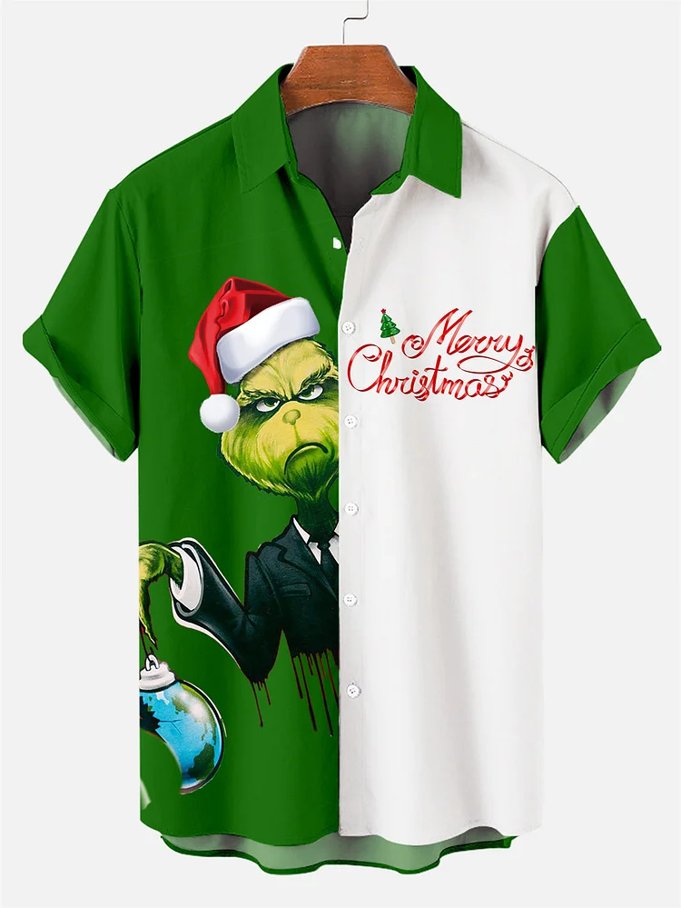 Men's Christmas monster printed  Plus Size Short Sleeve Shirt