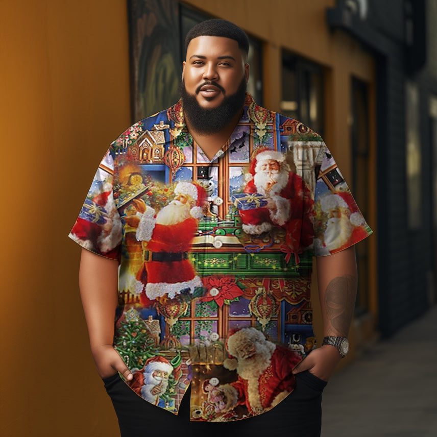 Men's  Christmas busy santa claus printed  Plus Size Short Sleeve Shirt