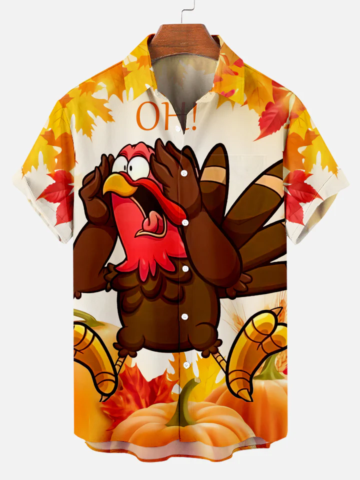Men's Thanksgiving Turkey  and maple leaf Printed Casual Short Sleeve  Plus Size Shirt