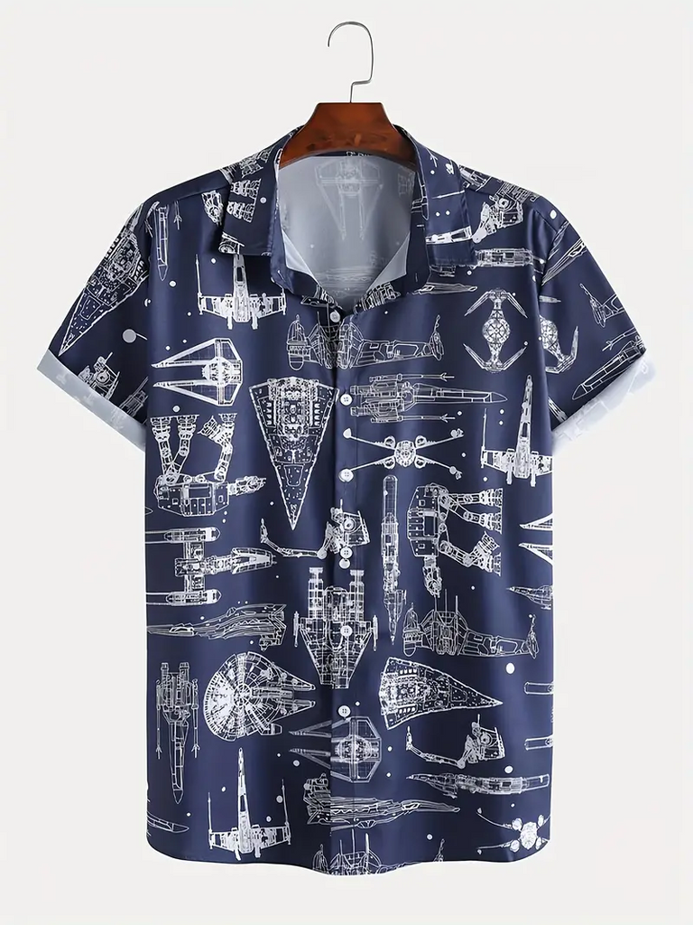 Star Wars Spaceship Blueprint Design Printed  Casual Men's Plus Size Short Sleeve Shirt