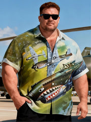 Men's Plus-Size Airplane Print Short Sleeve Shirt with Pocket