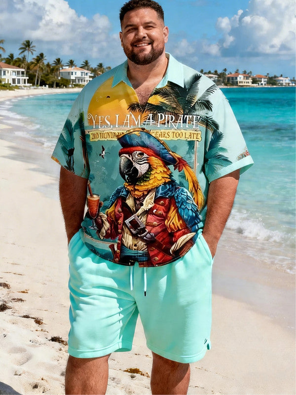 Men's Plus-Size Hawaiian Leaf Pattern Short Sleeve Shirt with Pocket