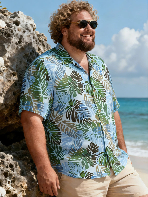 Men's Plus-Size Hawaiian Leaf Pattern Short Sleeve Shirt with Pocket