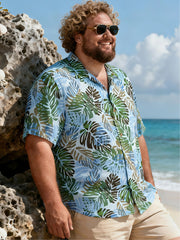 Men's Plus-Size Hawaiian Leaf Pattern Short Sleeve Shirt with Pocket