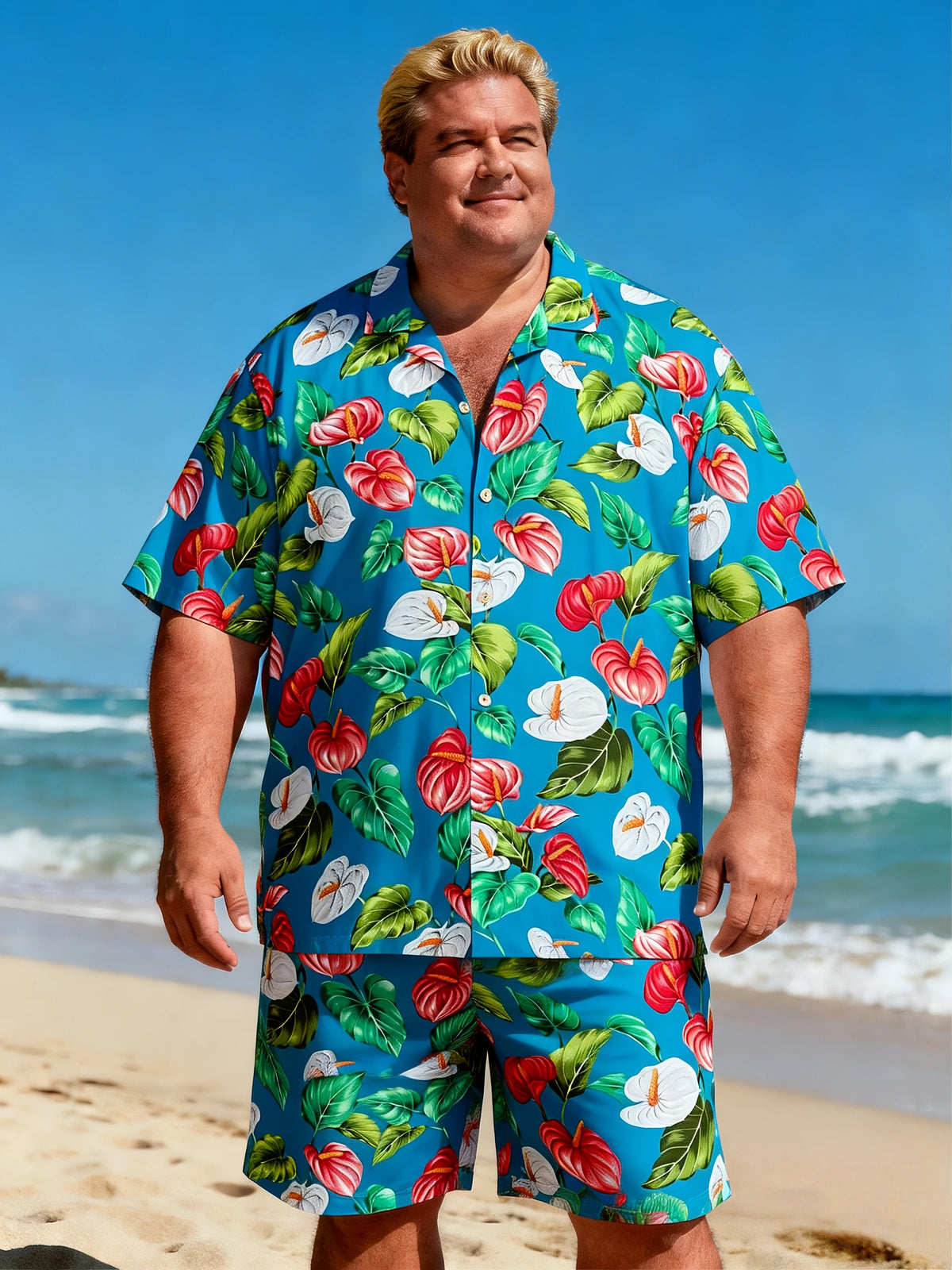 Men's Voluminous Beach Grass Pattern Short Sleeve Shirt with Chest Pocket