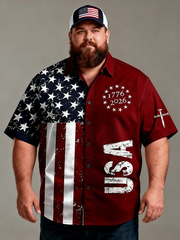 Men's Plus-Size Independence Day Button Down Short Sleeve Shirt with Pocket