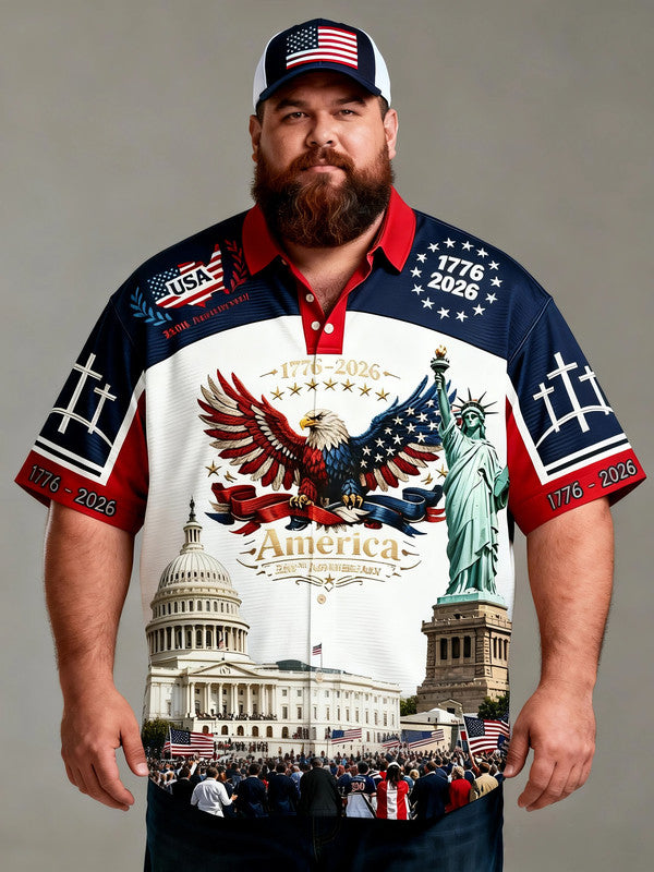 Men's Plus-Size 4th of July Casual Hawaiian Short Sleeve Shirt with Pocket