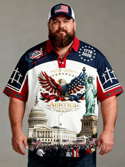 Men's Plus-Size 4th of July Casual Hawaiian Short Sleeve Shirt with Pocket