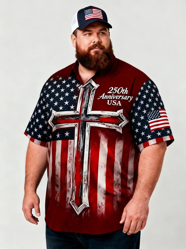 Men's Plus-Size American Flag Print Button-Up Short Sleeve Shirt with Pocket