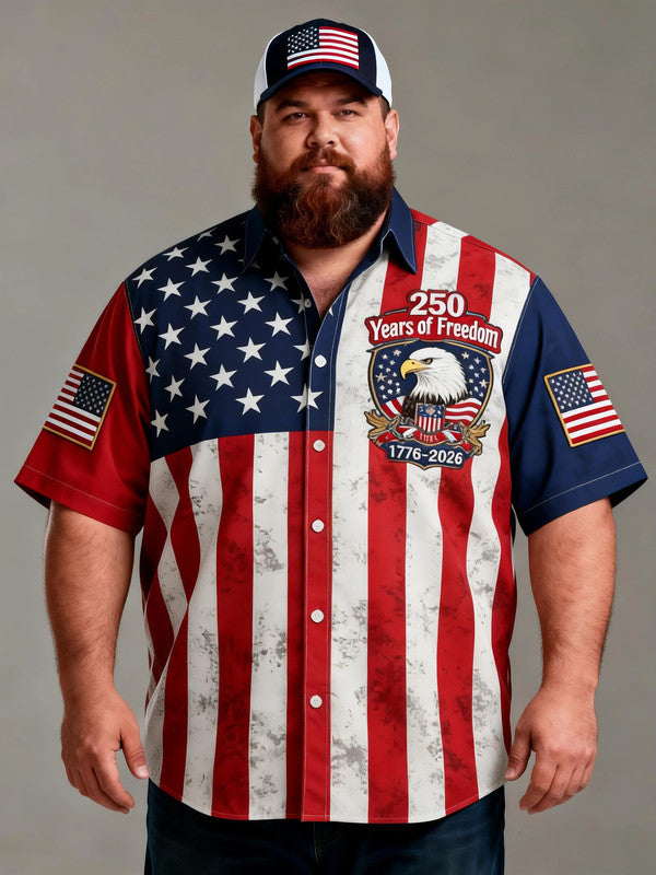 Men's Plus-Size USA Independence Day Casual Short Sleeve Shirt with Pocket