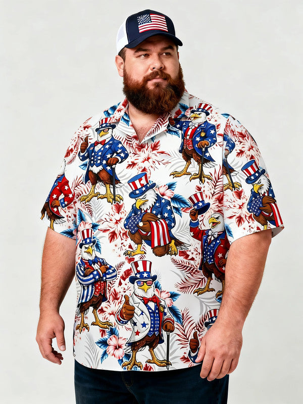 Men's Plus-Size Patriotic Fireworks Print Short Sleeve Shirt with Pocket