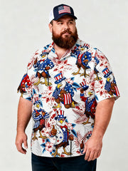 Men's Plus-Size Patriotic Fireworks Print Short Sleeve Shirt with Pocket
