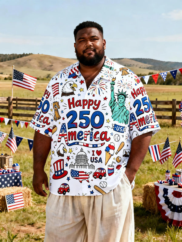Men's Plus-Size USA Flag Summer Vacation Short Sleeve Shirt with Pocket