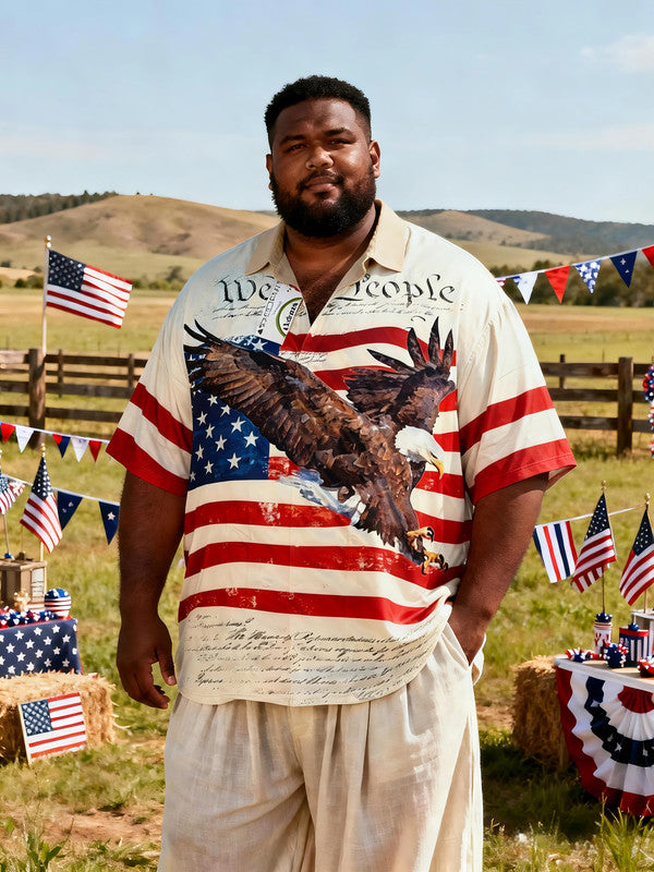 Men's Plus-Size Patriotic Western Style Short Sleeve Shirt with Pocket