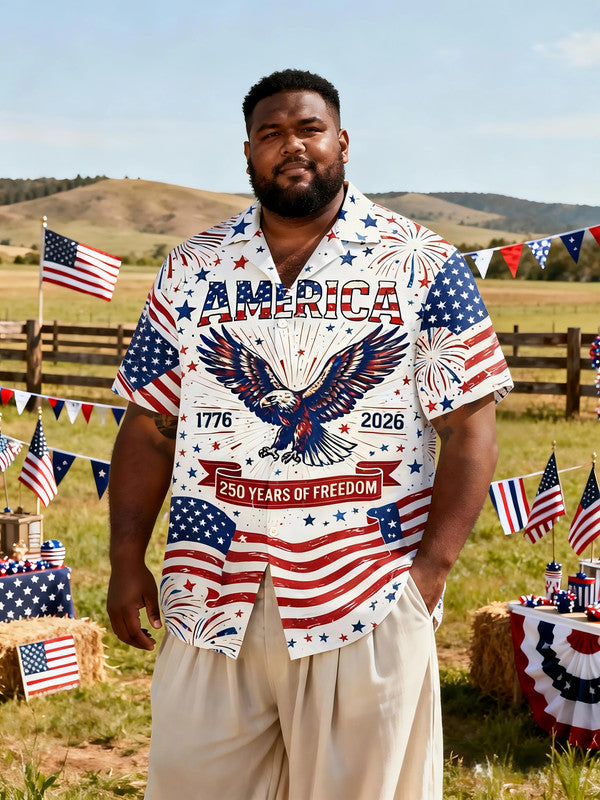 Men's Plus-Size USA Stars Print Casual Short Sleeve Shirt with Pocket