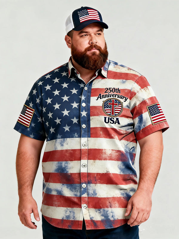 Men's Plus-Size Patriotic Rodeo Style Short Sleeve Shirt with Pocket
