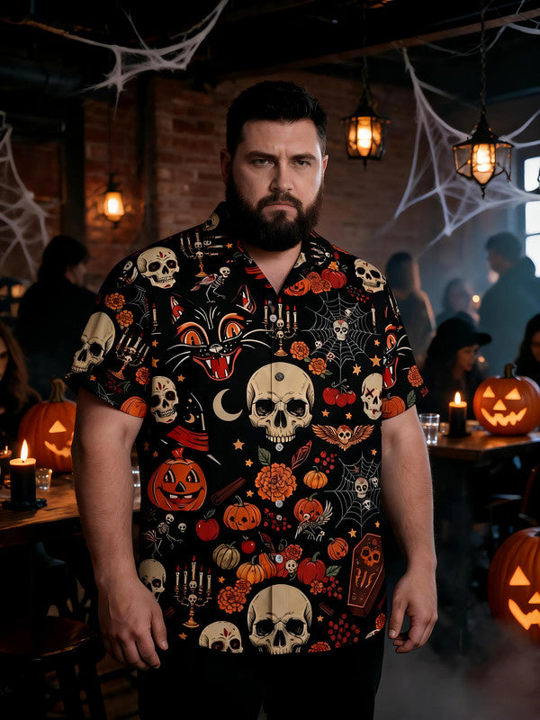 Men's Plus Size Retro Halloween Printed Short Sleeve Shirt