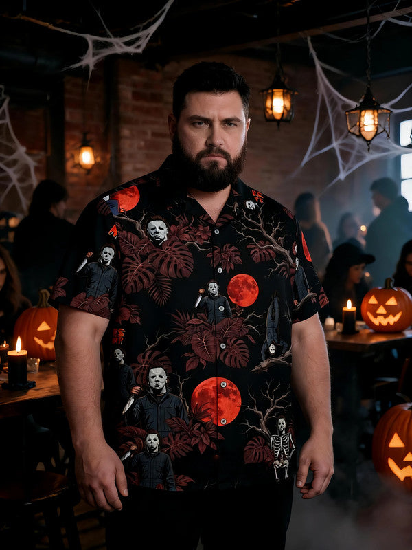 Men's Plus Size Trendy Halloween Button-Up Short Sleeve Shirt