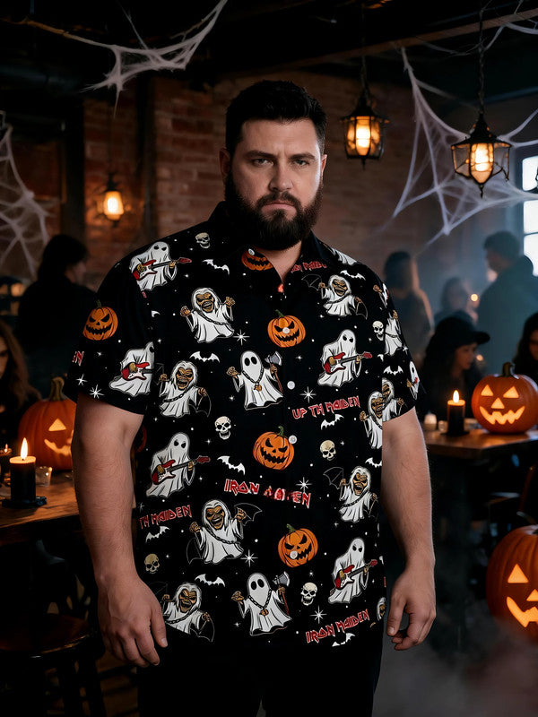 Men's Plus Size Hot Halloween Button-Up Short Sleeve Shirt
