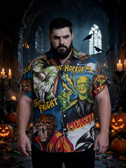 Men's Plus Size Retro Halloween Button-Up Short Sleeve Shirt