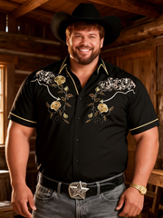 Men's Plus-Size Solid Color Simple Western Short Sleeve Shirt