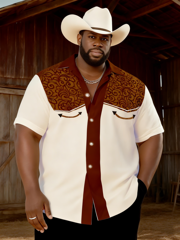 Men's Plus-Size Classic Western Solid Color Short Sleeve Shirt