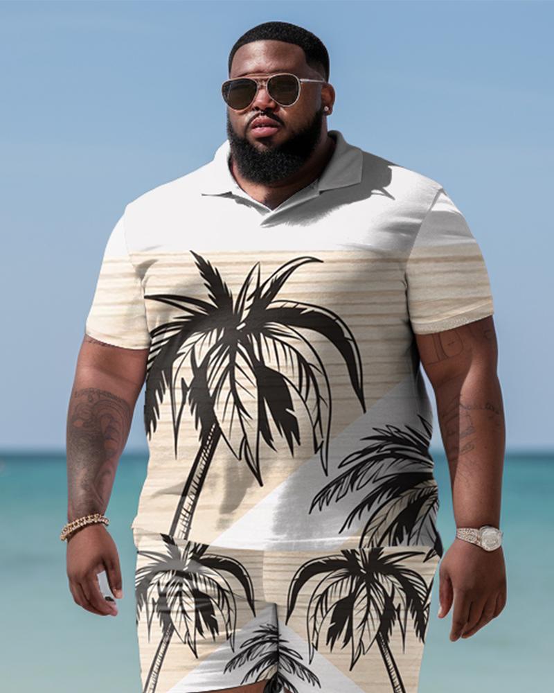 Men's Plus Size Hawaiian Art Coconut Color Block Shirt And Shorts Two-Piece Set