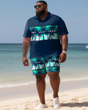 Men's Plus Size Hawaiian Art Coconut Color Block Shirt And Shorts Two-Piece Set